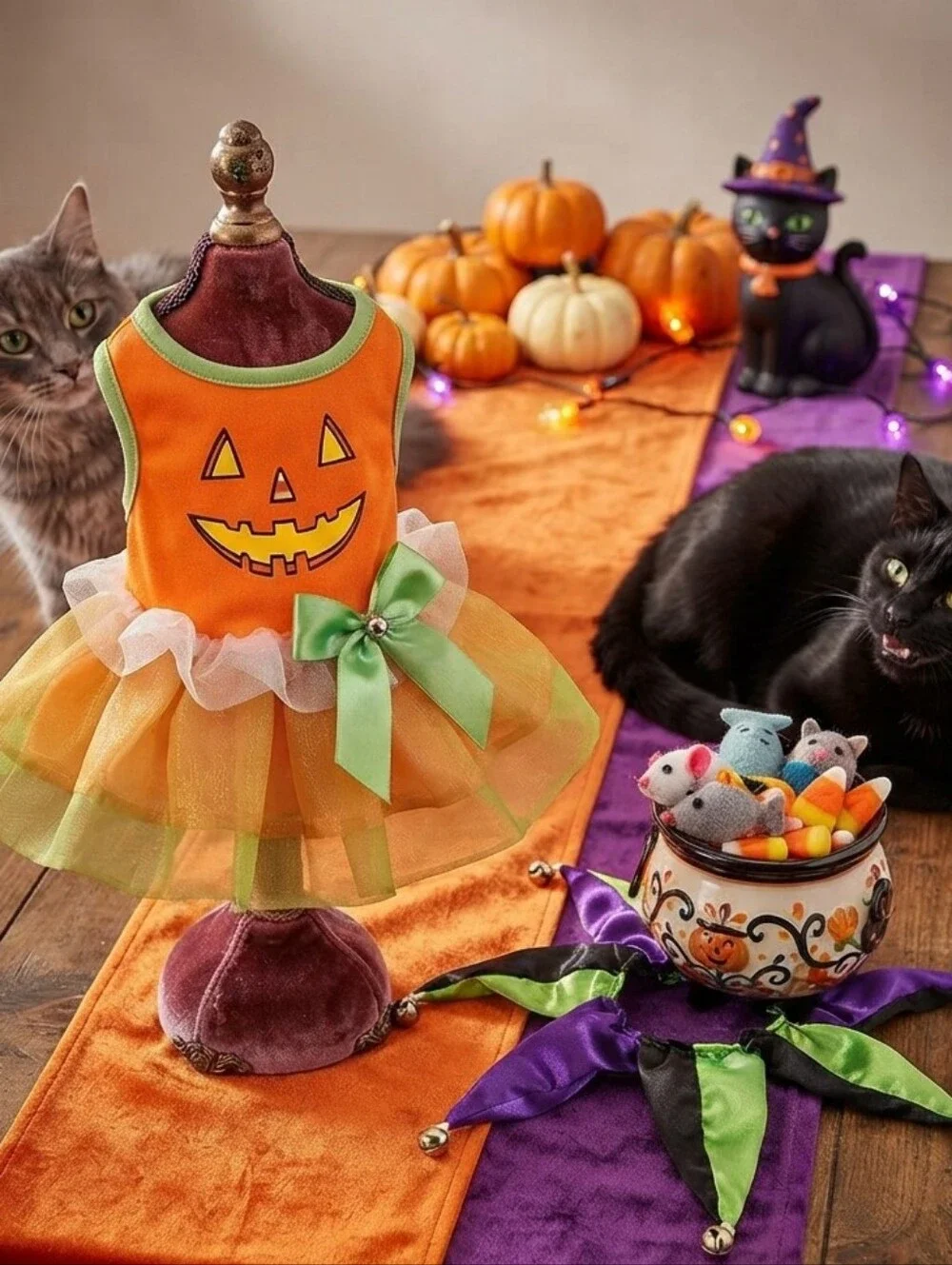Pet Costume Orange & Green Tutu, Jack-O-Lantern, Jester Collar w/Bells Cat Dog